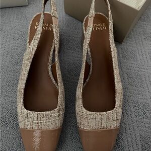 Donald J. Pliner Beige Tweed Slingback Low Heel with Tan Patent Toe